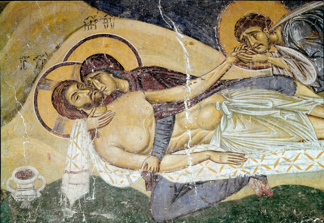 Bysantinsk kunst: "Lamentation on the Death of Christ"" Malerens freskomaleri fra 1100-tallet. Detalj. Nerezi, San Pantaleimone, Macedoine av Byzantine School