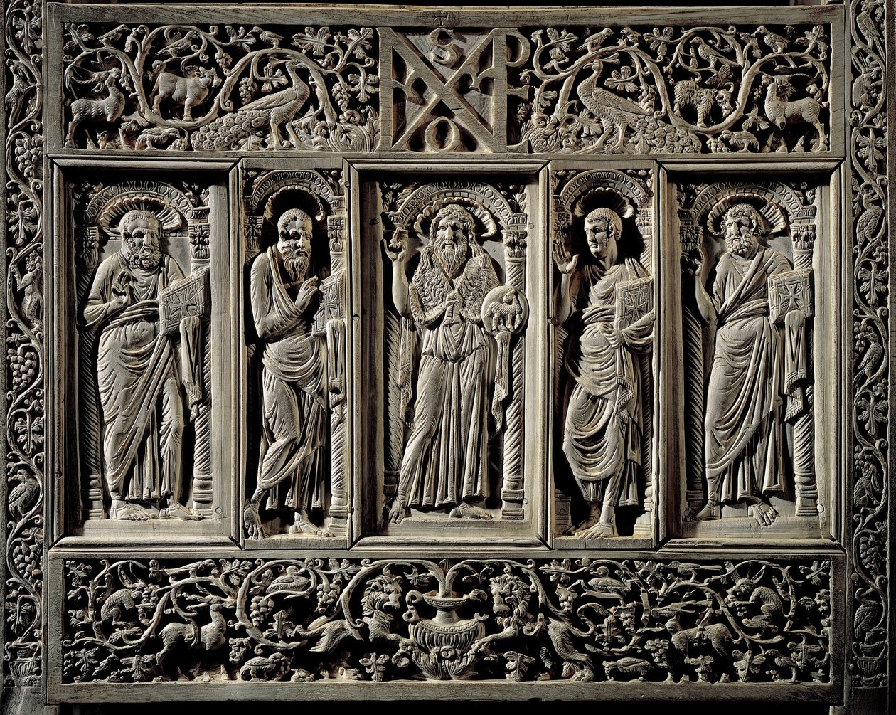Bysantinsk kunst: "" Døperen Johannes og de fire evangelistene"" mindreverdig detalj av Chair of the Eveque of Ravenna Maximien (546-554) trone episcopal (cathedra) i elfenben, realiserer sannsynligvis en Konstantinopel Ravenna, Museo Arcivescovile (bysant av Byzantine School