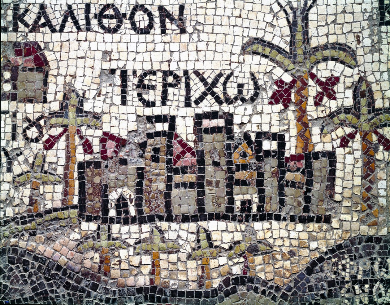 Bysantinsk kunst: eldste kart over Palestina. Detalj som representerer byen Jeriko (med navnet på gresk). Mosaikk fra 600-tallet. Madaba, St. George-kirken av Byzantine School