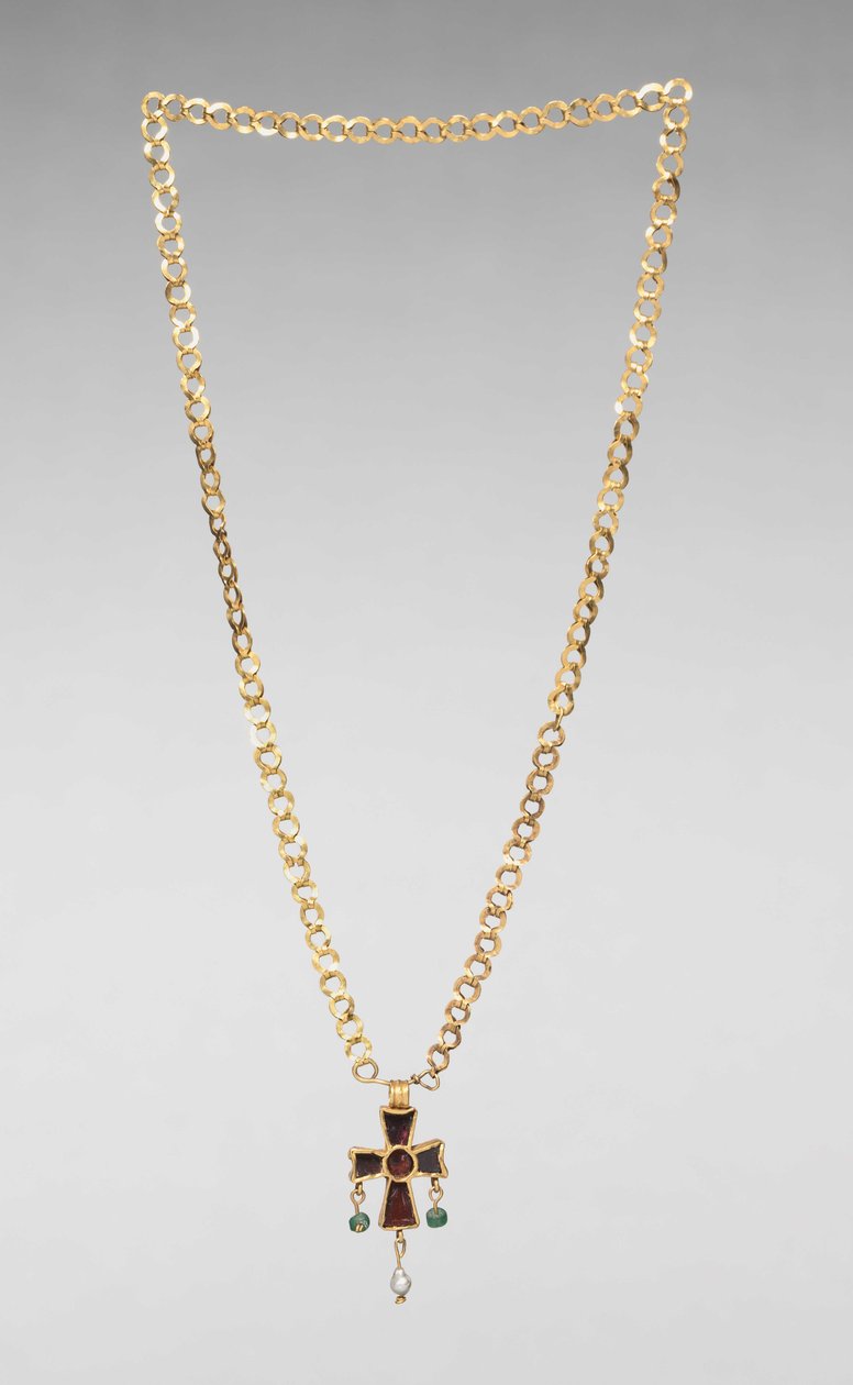 Kjede med anhengskors, 500-tallet (gull, glass, perle, granat og safir) av Byzantine School