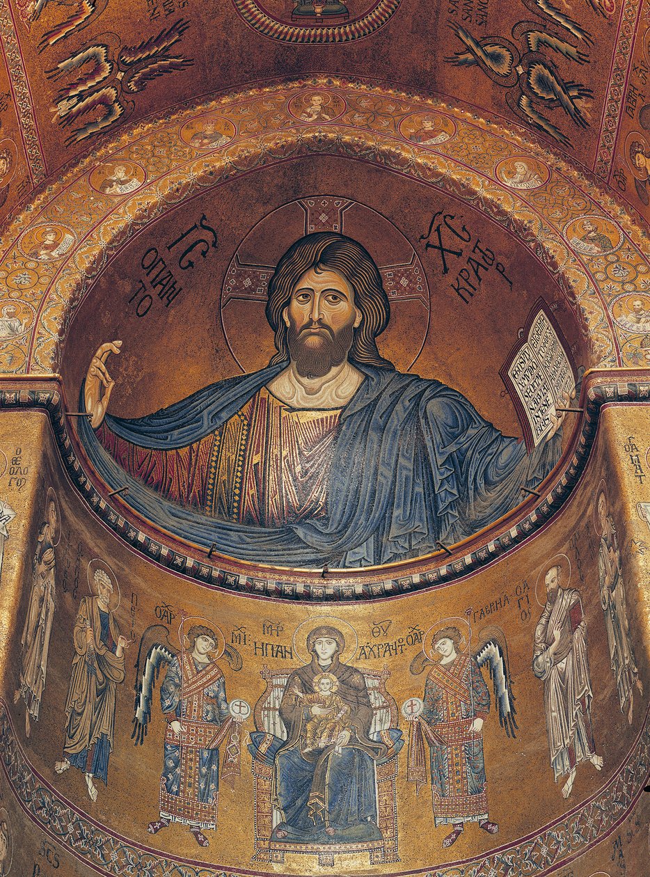 Kristus pantokrator og madonnaen tronet med engler og apostler, fra den sentrale apsis (mosaikk) av Byzantine School