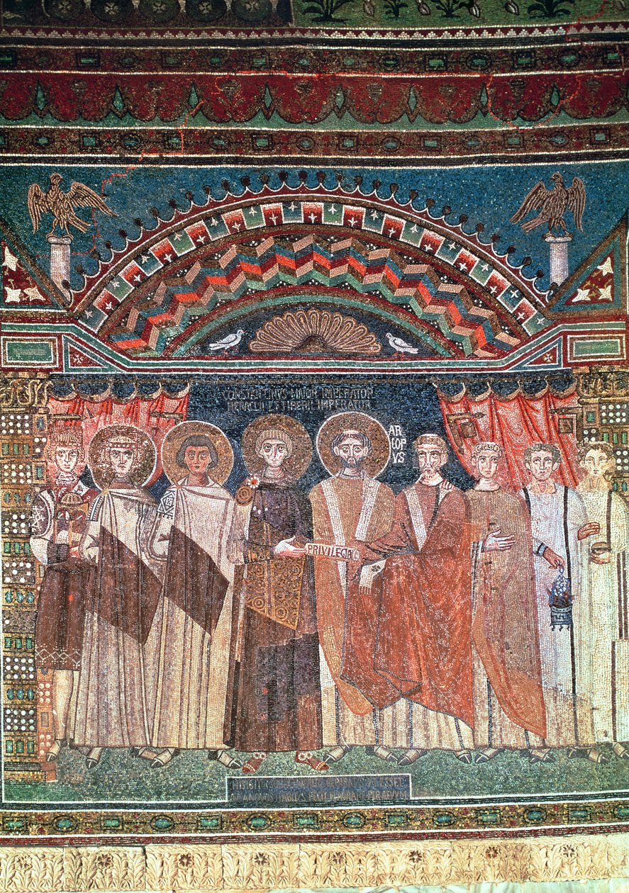 Konstantin IV (654-85) gir biskop Reparatus privilegier for kirken Ravenna, 671-77 (mosaikk) av Byzantine School