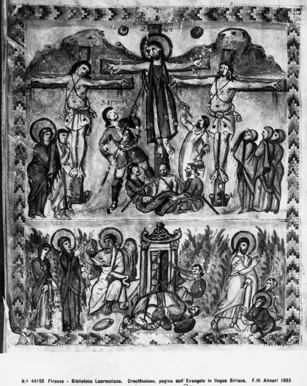 Crucifixion and the Resurrection, fra Rabula-evangeliene, 586 e.Kr av Byzantine School