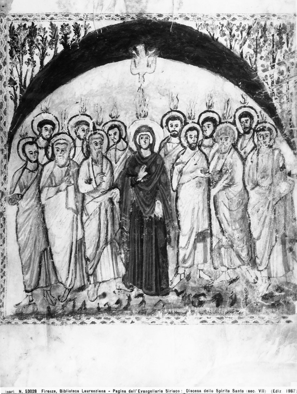 Descent of the Holy Spirit, folio fra Rabula-evangeliene, 586 AD (tempera på vellum) av Byzantine School