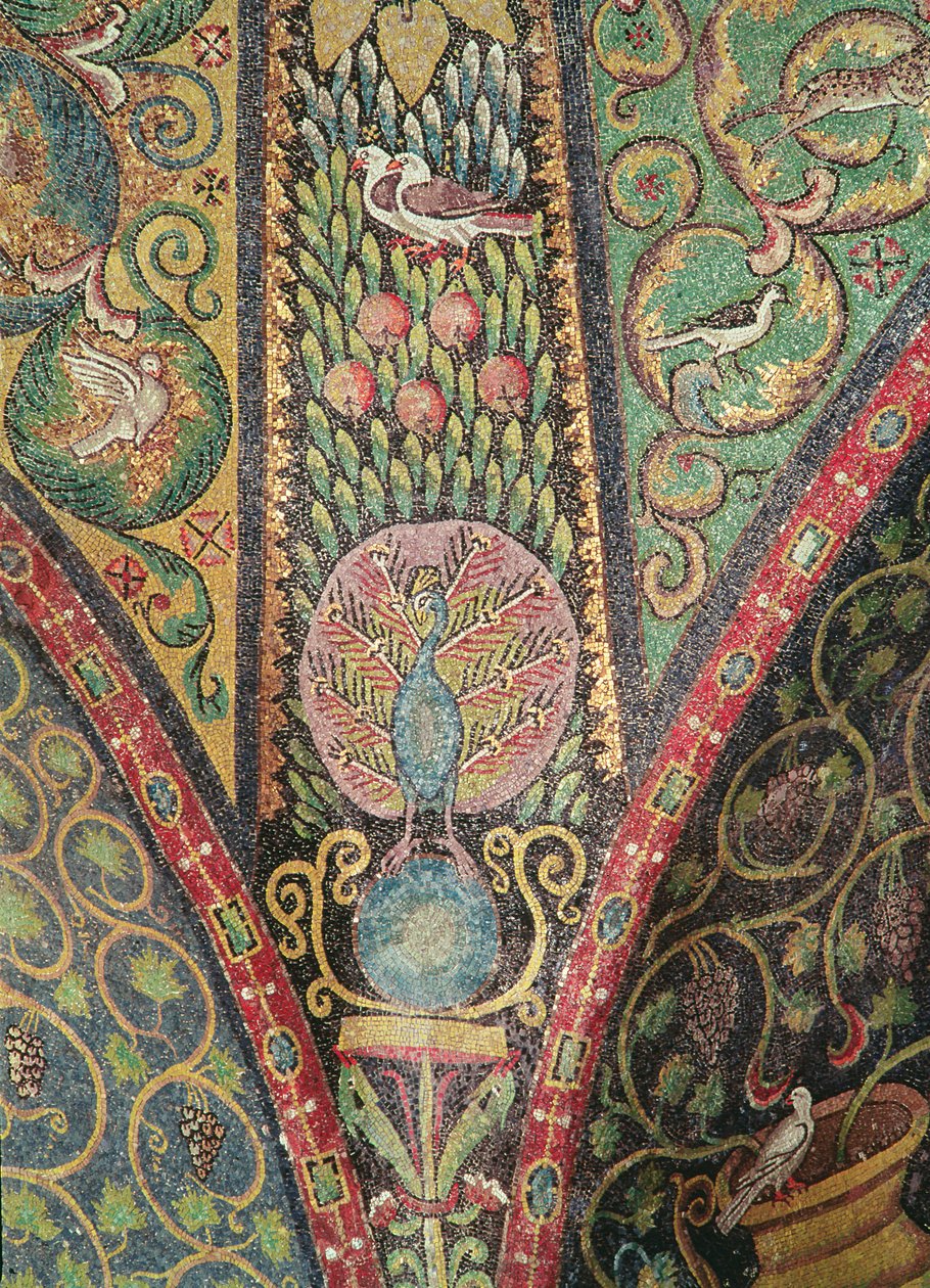 Detalj fra hvelvet som viser fugler og en påfugl (mosaikk) av Byzantine School