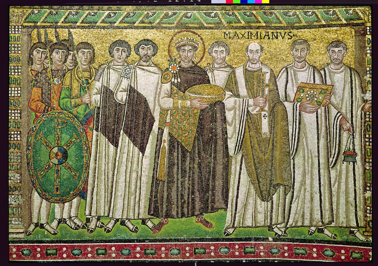 Keiser Justinian I og hans følge av embetsmenn, vakter og presteskap, ca. 547 e.Kr. (mosaikk) av Byzantine School