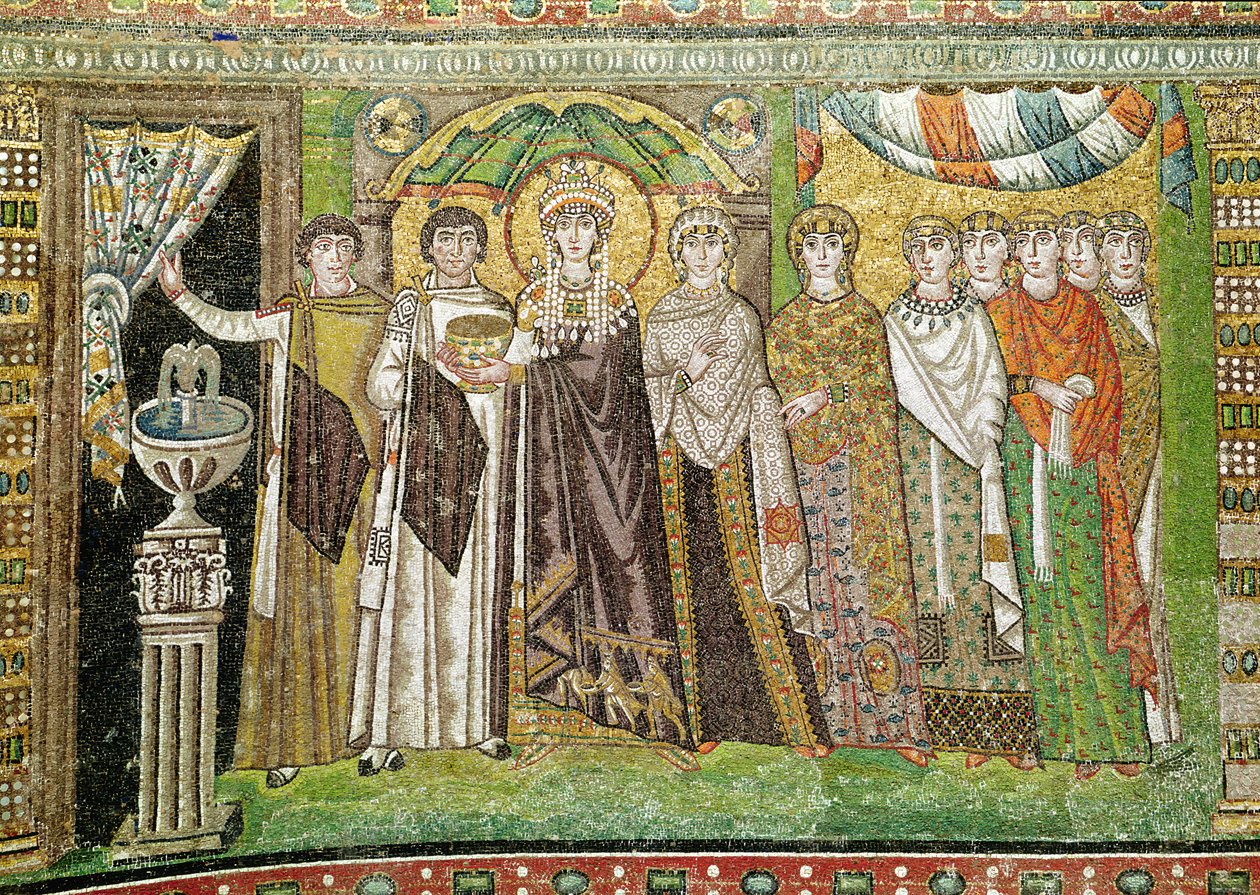 Keiserinne Theodora med hennes hoff av to ministre og syv kvinner, ca. 547 e.Kr. (mosaikk) av Byzantine School