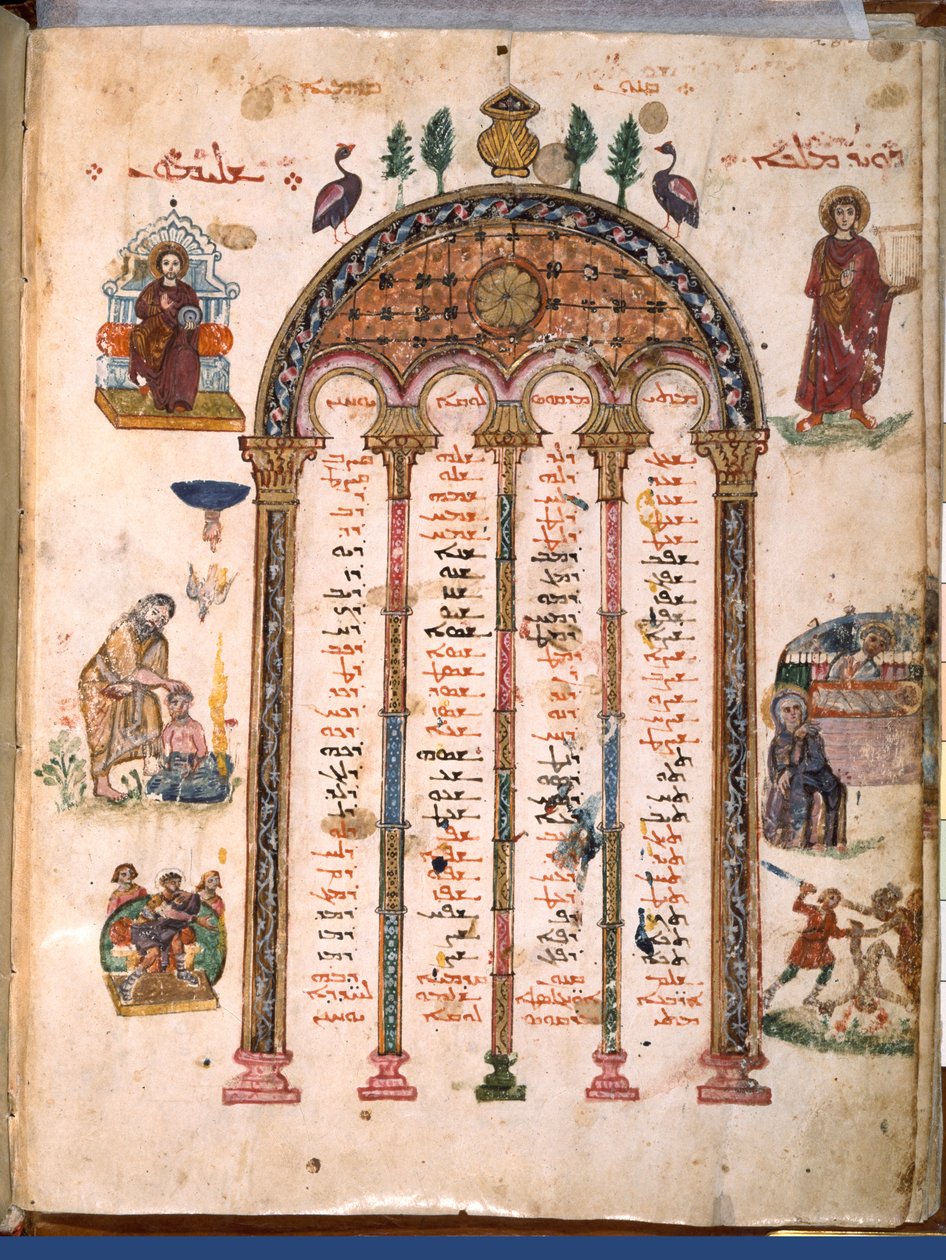 F.4v, kanontabeller, fra Rabula-evangeliene, 586 e.Kr. (tempera på vellum) av Byzantine School
