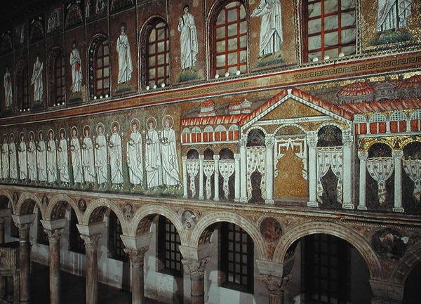 Fasade av Palazzo di Teodorico og prosesjonen av martyrer, 527-99 (mosaikk) av Byzantine School