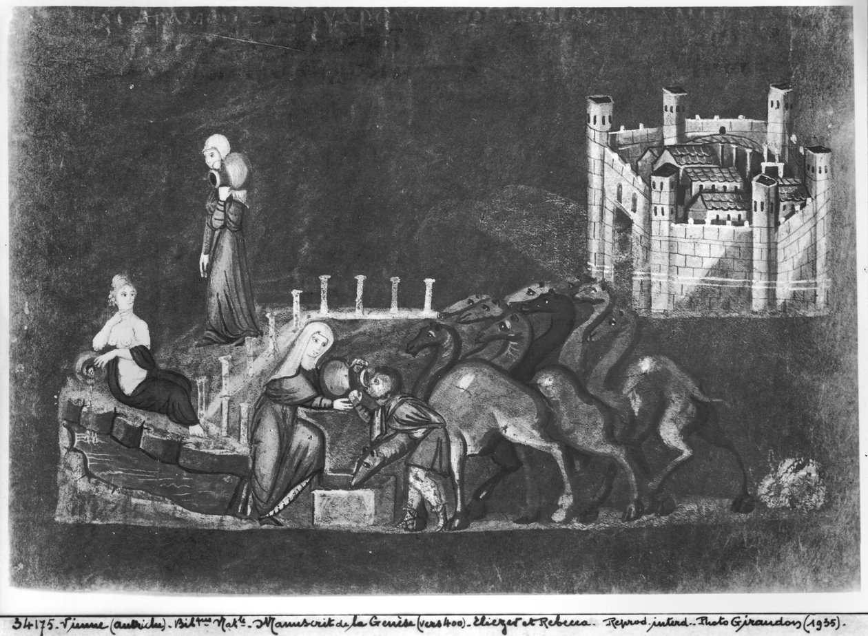 Gr 31 fol.7r Rebecca og Eliezer ved brønnen, fra Wien Genesis av Byzantine School