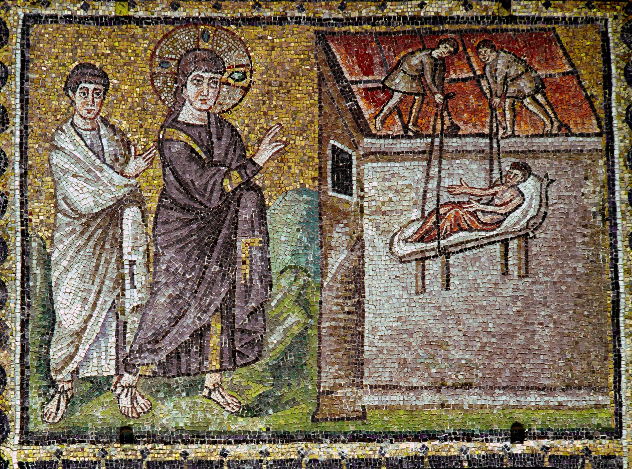 Jesus kjempet mirakuløst mot en lammelse ved Kapernaum Mosaic på 600-tallet. Basilikaen Saint Apollinaire de Ni av Ravenna (Sant