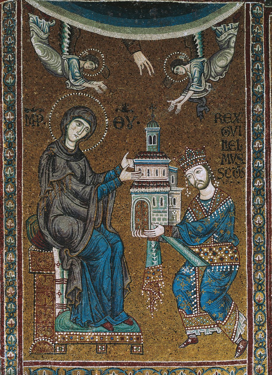 Kong William II av Sicilia tilbyr kirken Monreale til jomfruen (mosaikk) av Byzantine School