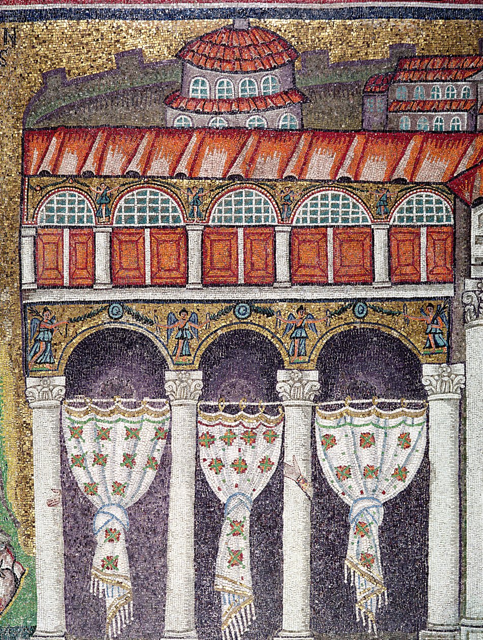 Venstre fløy av Palazzo di Teodorico, 527-99 (mosaikk) (detalj av 224988) av Byzantine School