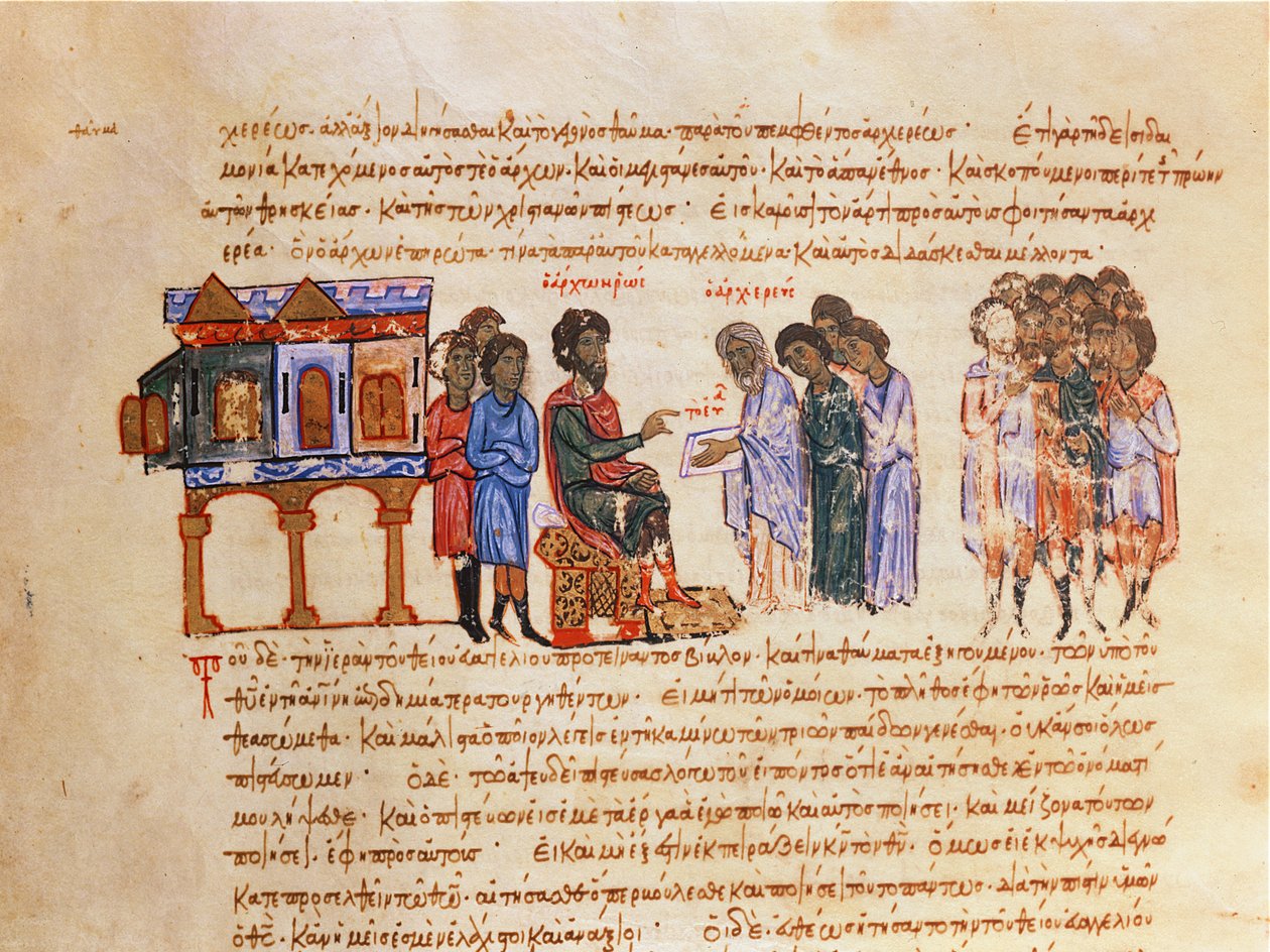 MMS Vitr 26-7 ambassadør fra Kiev Sendt av kong Vladimir (978-1015) blir fortalt om kristendommen av en bysantinsk biskop, fra Madrid Skylitzes av Byzantine School
