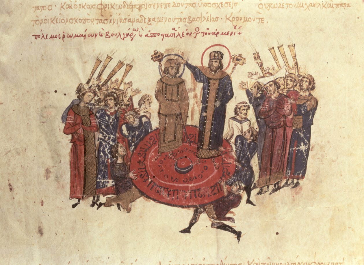 MMS Vitr. 26-7 Keiser Michael I Rangabes kronet av Nicephorus i 811, fra Madrid Skylitzes av Byzantine School