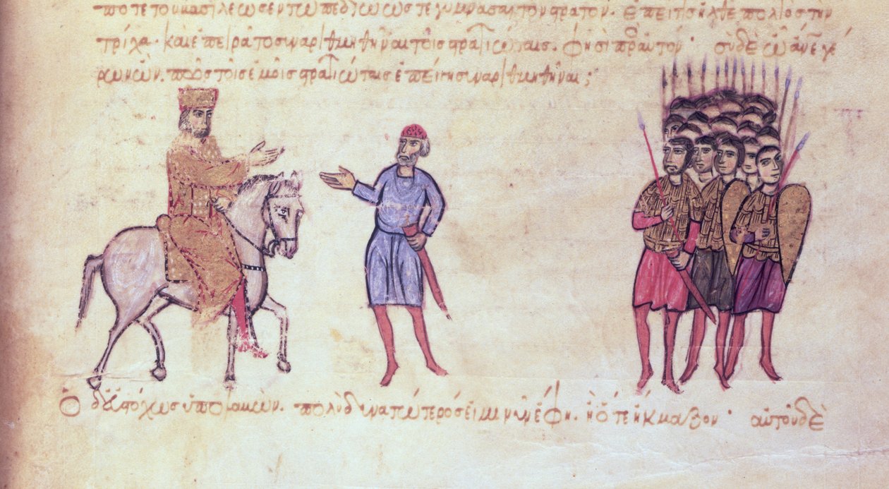MMS Vitr 26-7 Den bysantinske hæren setter bulgarerne fra Tzar Krum på flukt, fra Madrid Skylitzes (blekk og gull på vellum) av Byzantine School