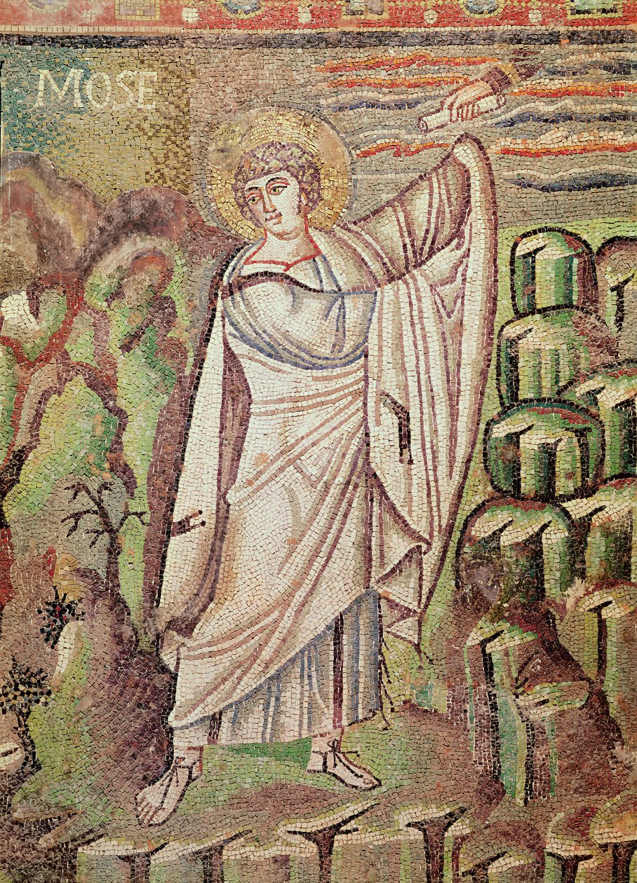 Moses på Sinai-fjellet, figur over lunetten som viser Abrahams gjestfrihet og Isaks offer, 6. århundre (mosaikk) (detalj av 154709) av Byzantine School