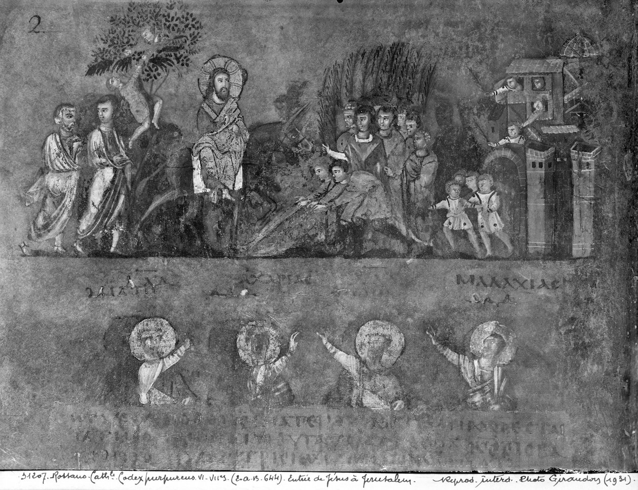 Ms EAB 664 Jesu inntog i Jerusalem, fra Codex Purpureus av Byzantine School