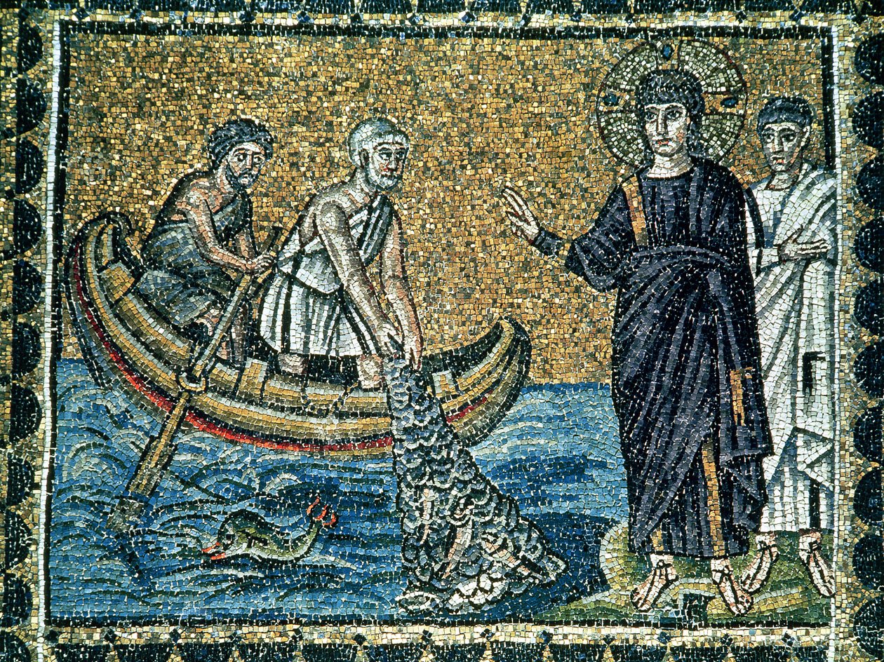 St. Andreas og St. Peter som svarer på Jesu kall, fra hovedskipet (mosaikk) av Byzantine School