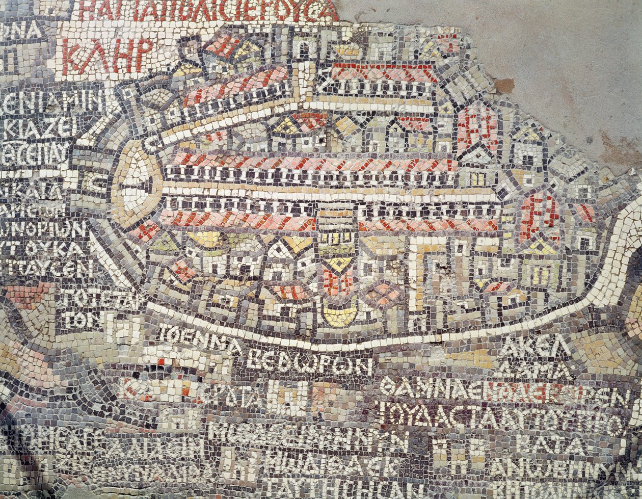 Byen Jerusalem og området rundt, detalj fra Madaba mosaikkkart, bysantinsk, 6. århundre (mosaikk) av Byzantine School