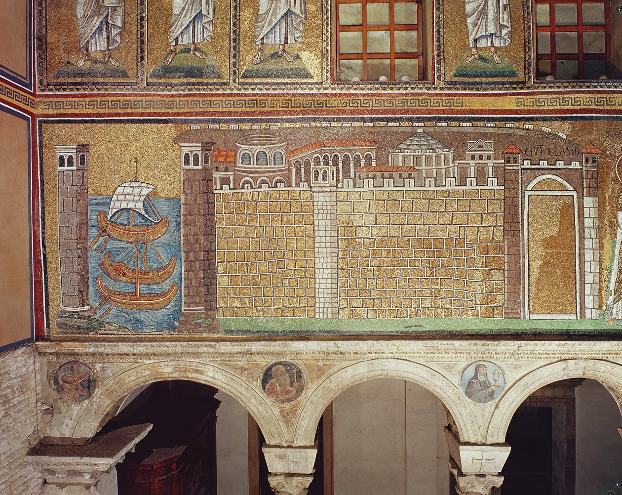 Flåten i havnen i Ravenna, 535-38 e.Kr. (mosaikk) av Byzantine School