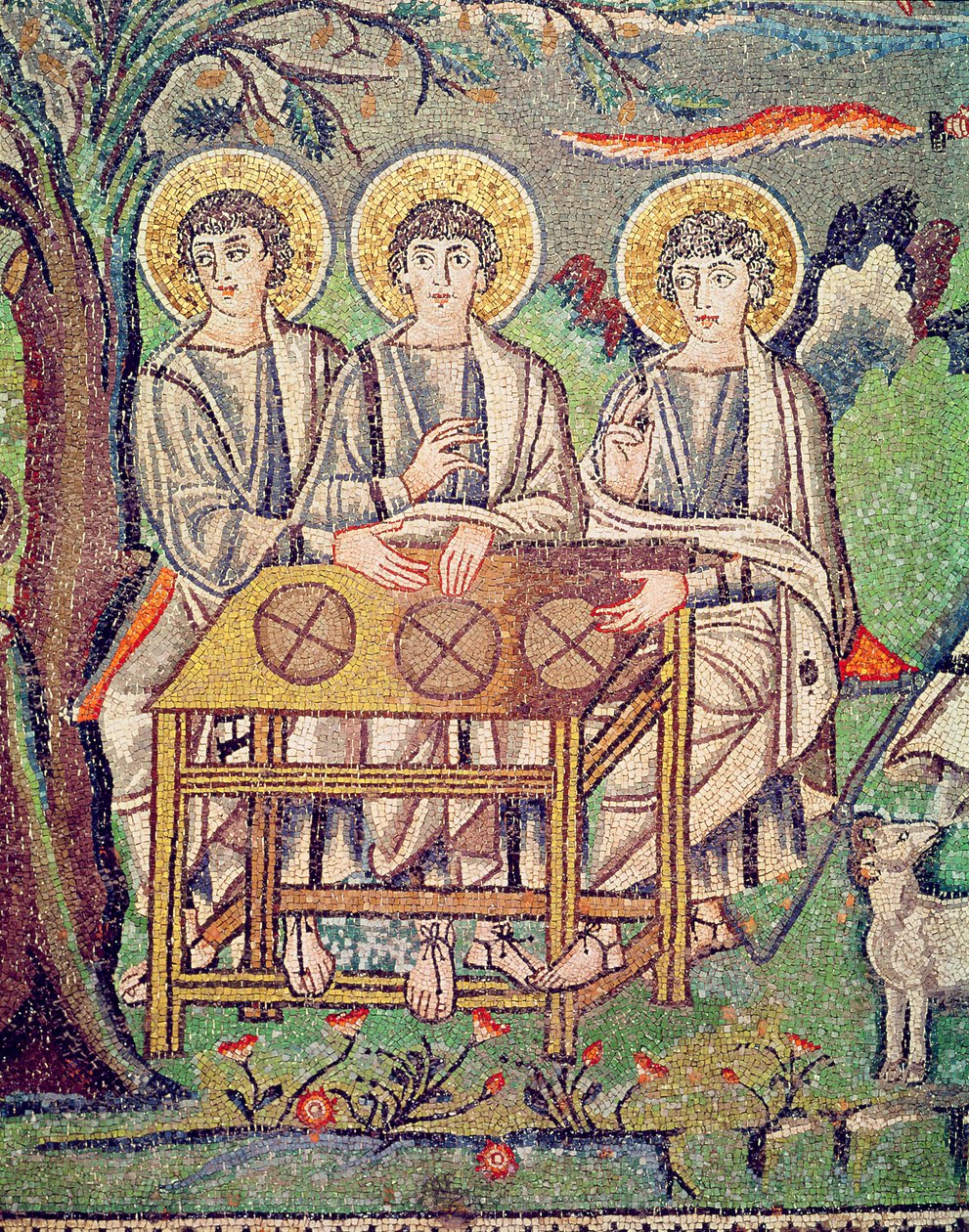 De tre englene, detalj av The Hospitality of Abraham and the Sacrifice of Isaac, 600-tallet (mosaikk) (se 154709) av Byzantine School