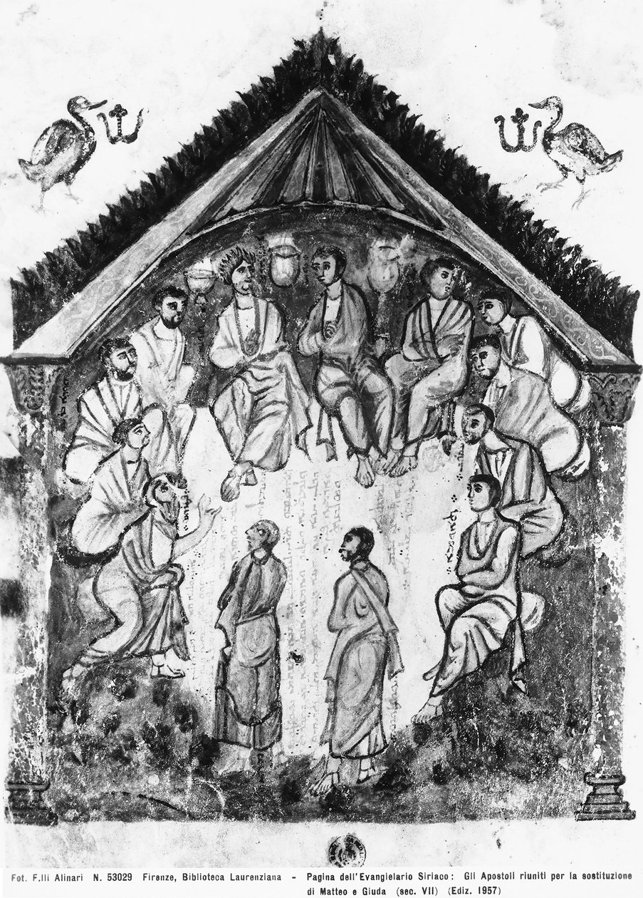 Apostlene samlet seg for å erstatte Judas med Matthias, folio fra Rabula-evangeliene, 586 e.Kr. (tempera på vellum) av Byzantine School