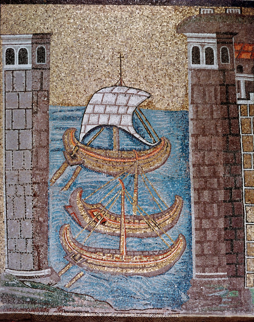 Utsikt over båter i havnen i Class (Detalj av mosaikk, 600-tallet) av Byzantine School