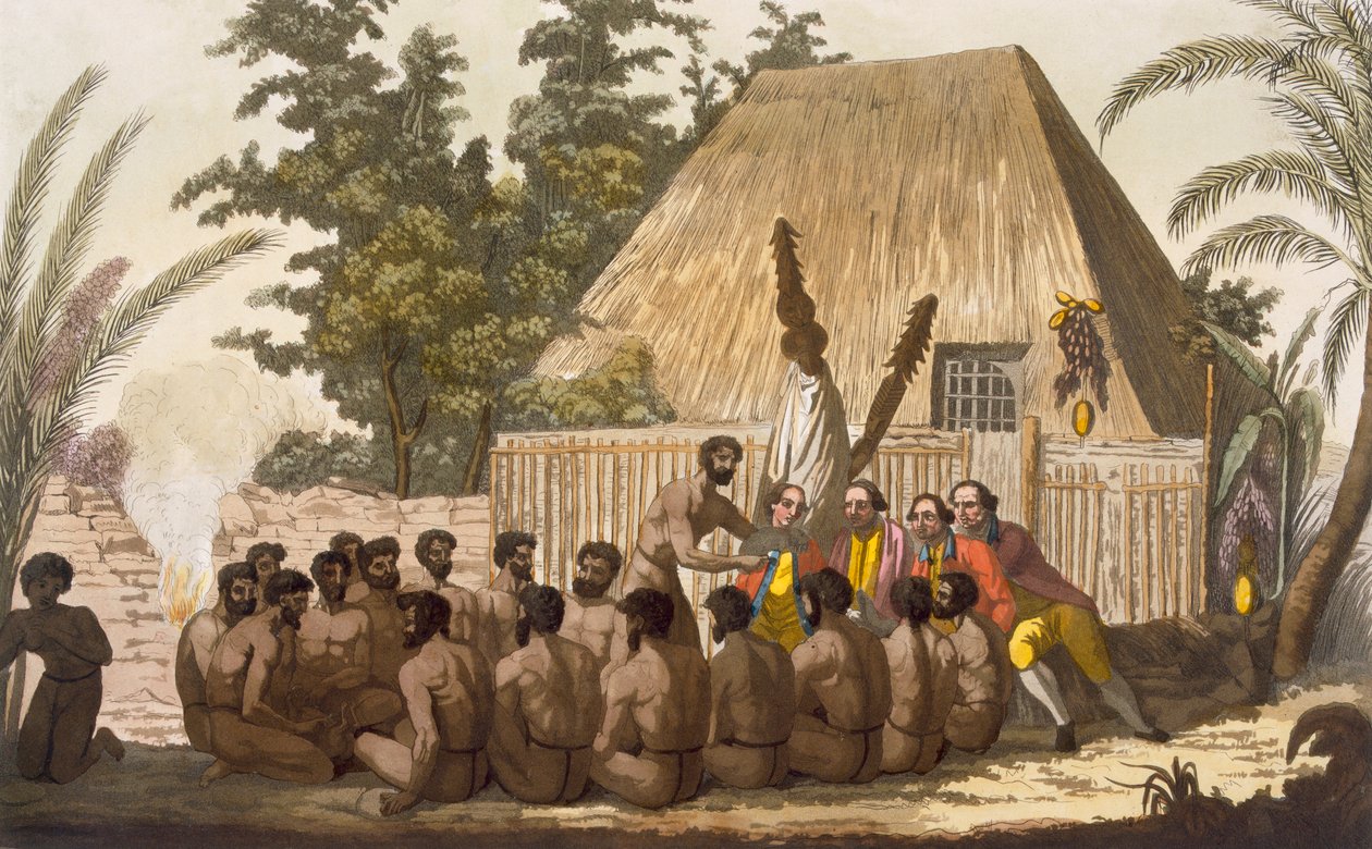 Et tilbud før kaptein Cook, som anerkjenner ham som en inkarnasjon av guden Lomo, januar 1779, gravert av Angelo Biasioli av C. Bottigella