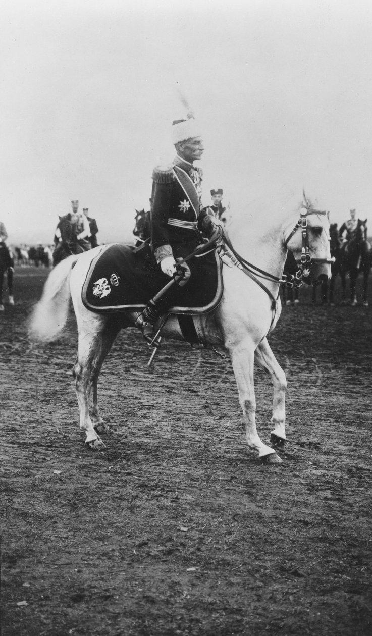 Portrett av Peter I, konge av Serbia, på en hest av C. Chusseau Flaviens