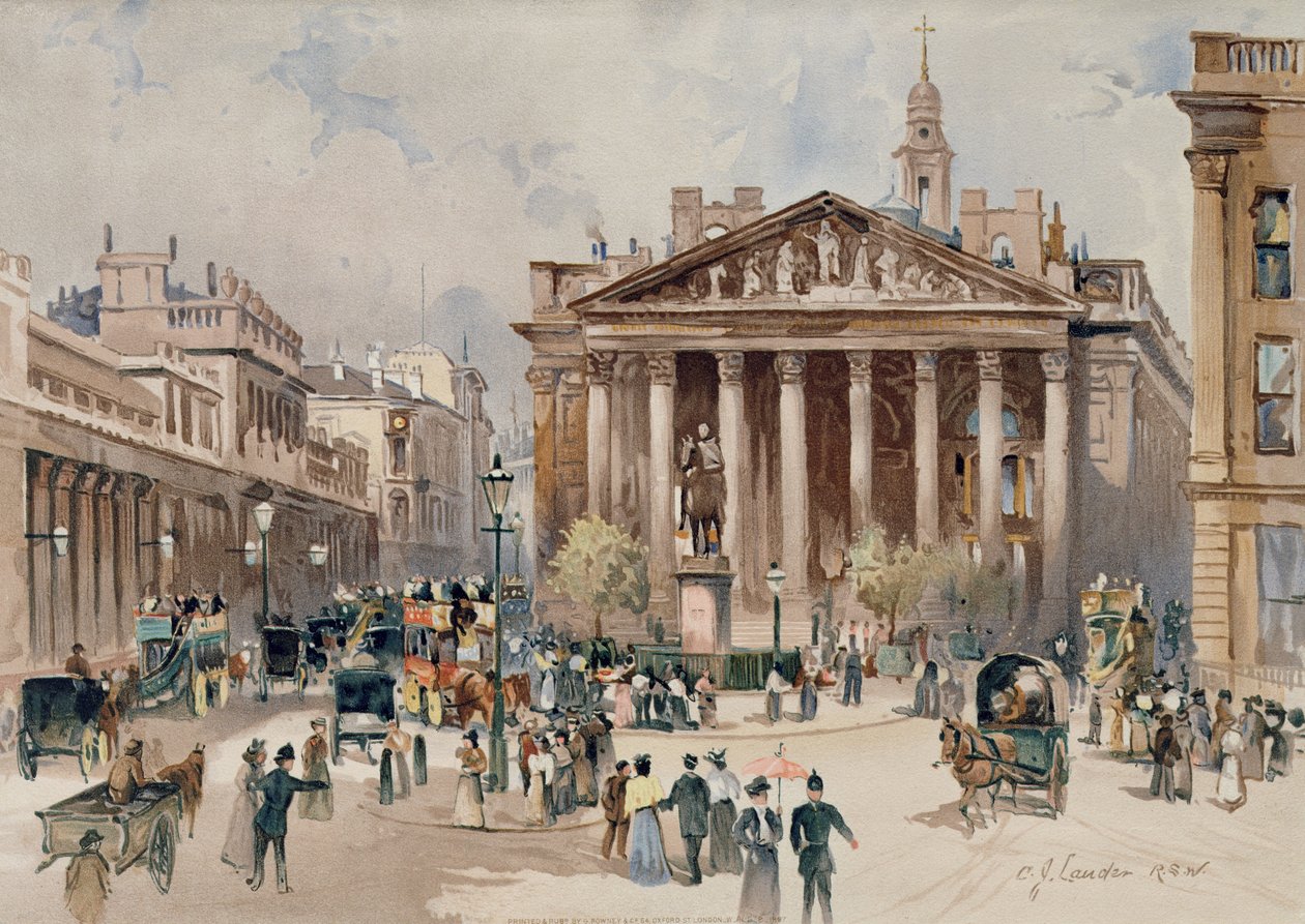 Utsikt over Royal Exchange, City of London, pub. av G. Rowney, 1897 (kromolitografi) av C. J. Lander