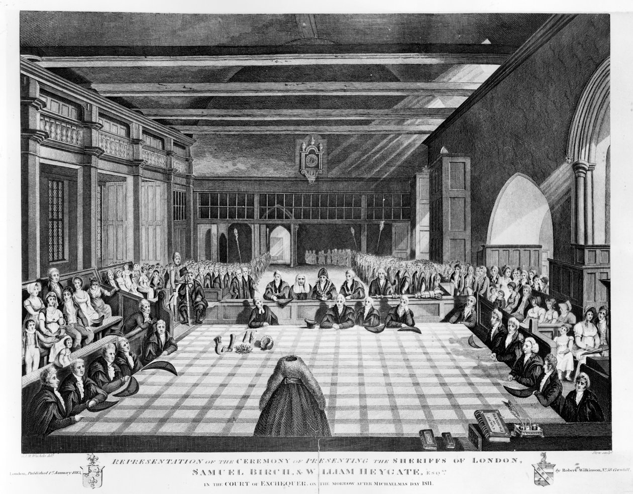 Representasjon av seremonien for presentasjon av sheriffene i London, Samuel Birch og William Heygate Esqs. i statskassen i morgen etter Michaelmas dag 1811, trykk laget av James S av C. John Mayle Whichelo