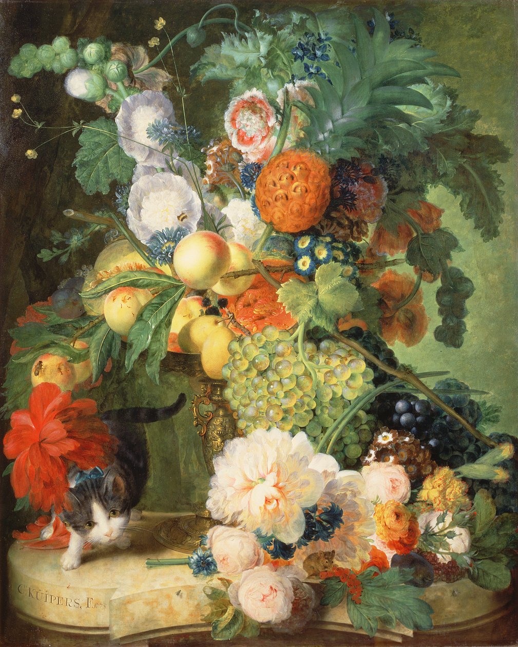 Stilleben med blomster og katt av C. Kuipers