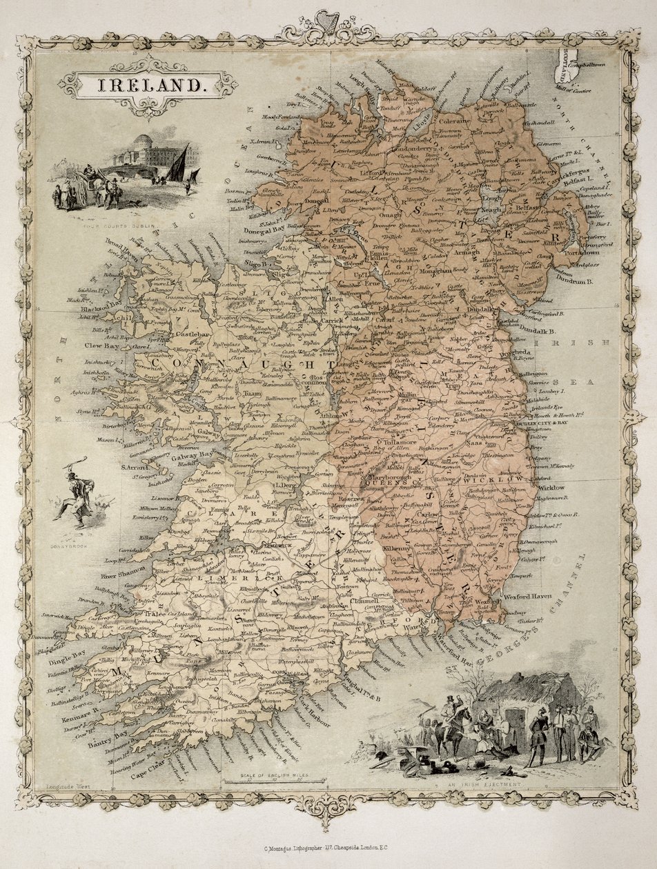 Kart over Irland, publisert ca. 1850 (håndfarget gravering) av C. Montague