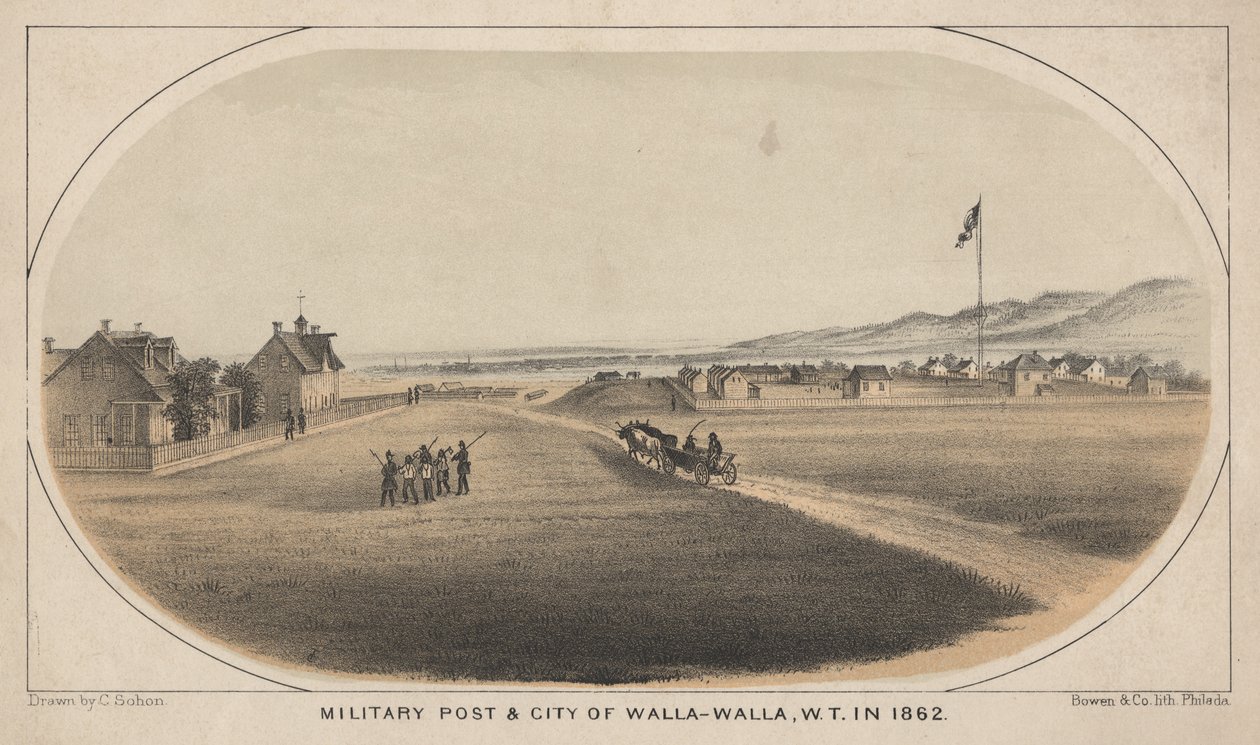 Militærpost og by i Walla-Walla, W.T. i 1862, 1863 av C. Sohon