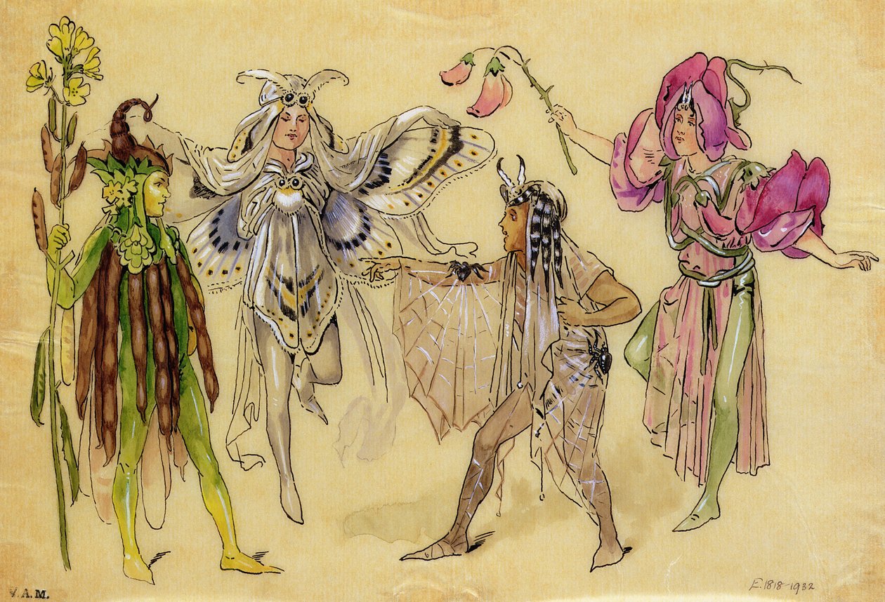 Four Fairy Costumes for A Midsummer Night's Dream produsert av Robert Courtneidge ved Princes Theatre, Manchester, 1896-1903 av C. Wilhelm