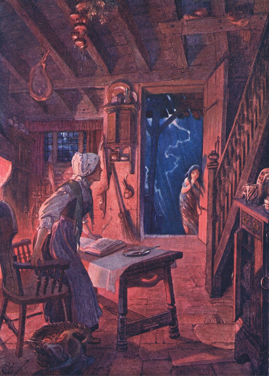 Døren fløy opp, og på terskelen så den forskrekkede kvinnen en ung jente, fra puben The Child of the Air av Duckworth, 1910 av C. Wilhelm