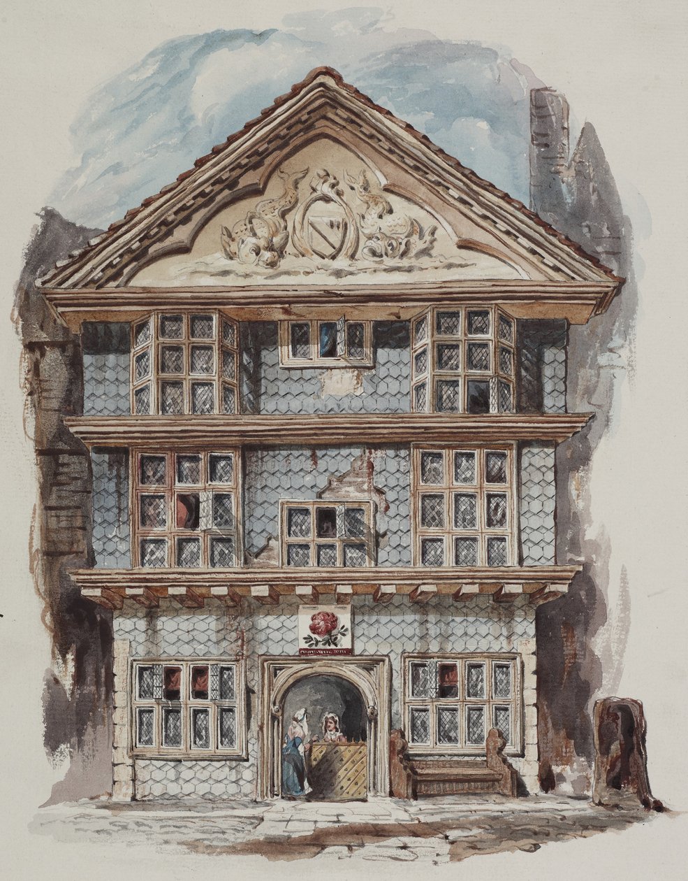 Retrospektiv utsikt over Rose Tavern, Fenchurch Street i 1730, ca. 1805 (wc på papir av C. Williams