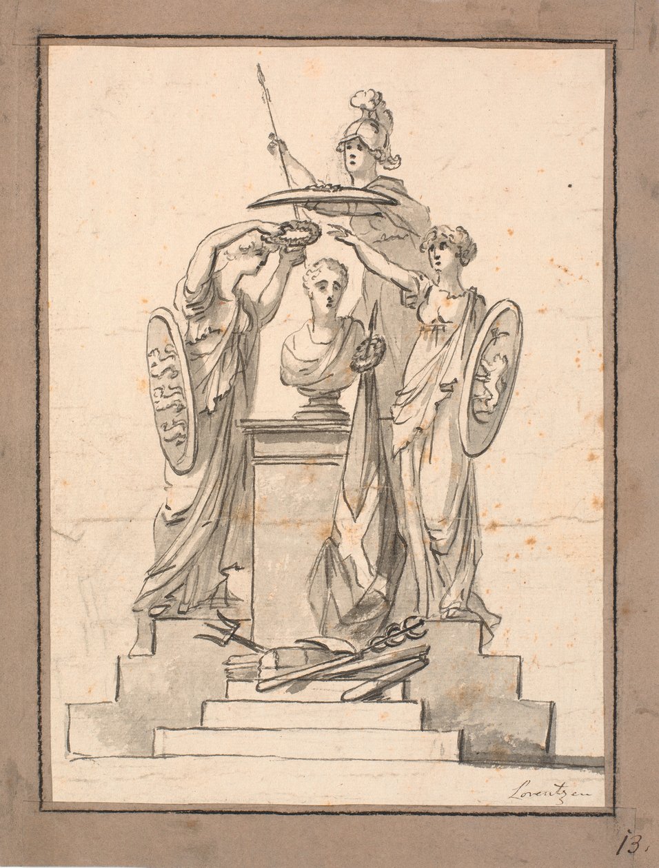 En byste (Fr. VI?) er kronet av tre kvinner med våpenskjold av C.A. Lorentzen