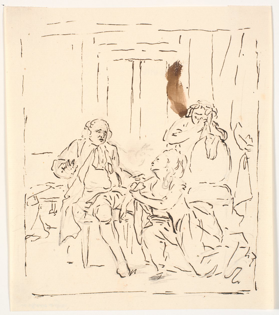 En kvinne kneler foran en sittende mann. I bakgrunnen en gråtende kvinne som lener seg på en stol. Teaterscene? av C.A. Lorentzen