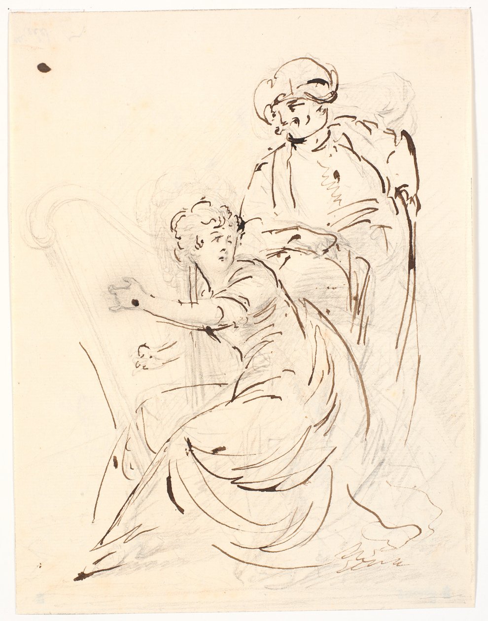 Harpespillende dame. Bak henne en turbanfylt mann av C.A. Lorentzen