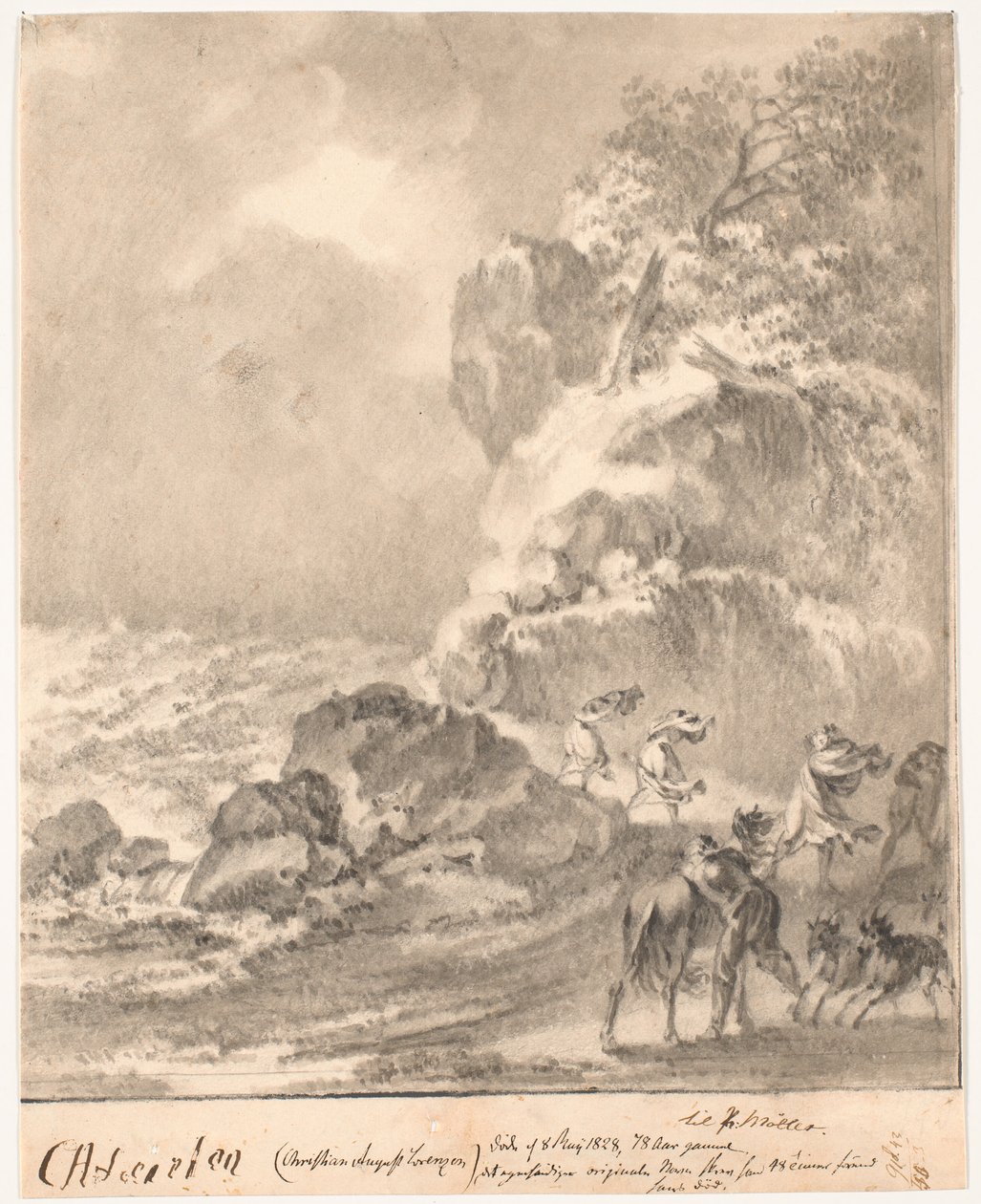 Steinete kyst med figurer i en storm av C.A. Lorentzen