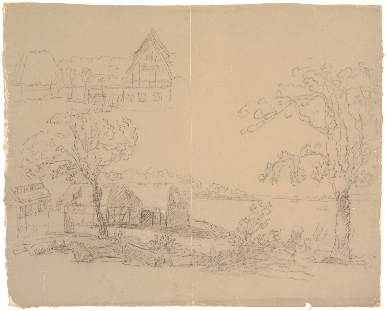 Landskap med gård ved innsjø. F.o.t.v. En gård av C.A. Lorentzen