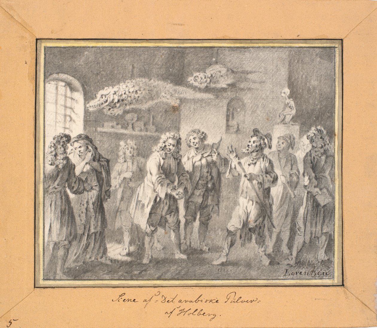 Scene fra Ludvig Holberg "Det arabiske pulveret" av C.A. Lorentzen