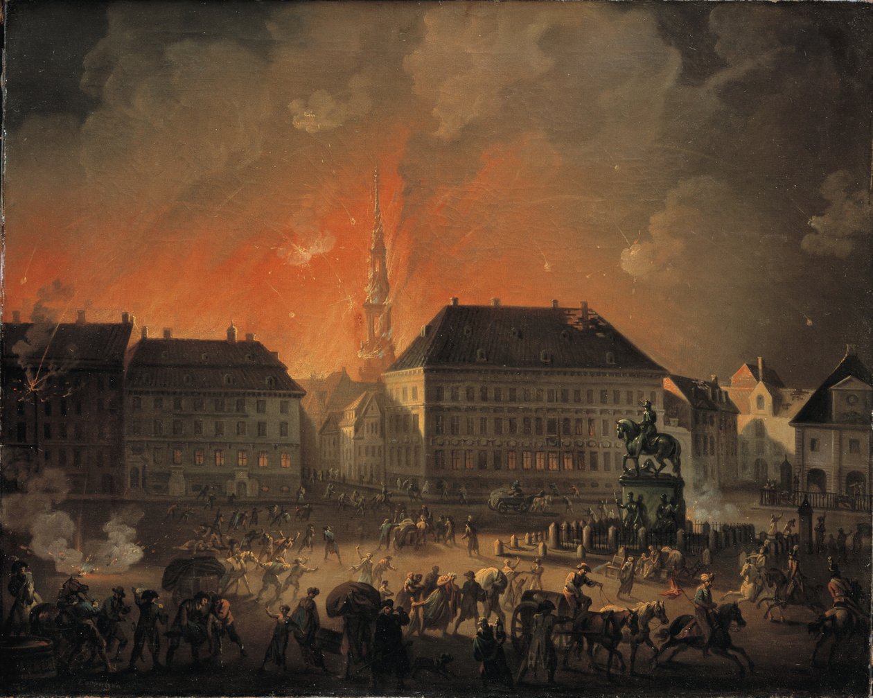 Den mest forferdelige natten. Utsikt over Kongens Nytorv i København under det engelske bombardementet av København om natten mellom 4. og 5. september 1807 av C.A. Lorentzen