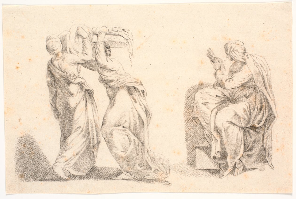 To kvinner i klassiske kapper som bærer en kurv og en sibylle etter Michelangelo av C.A. Lorentzen