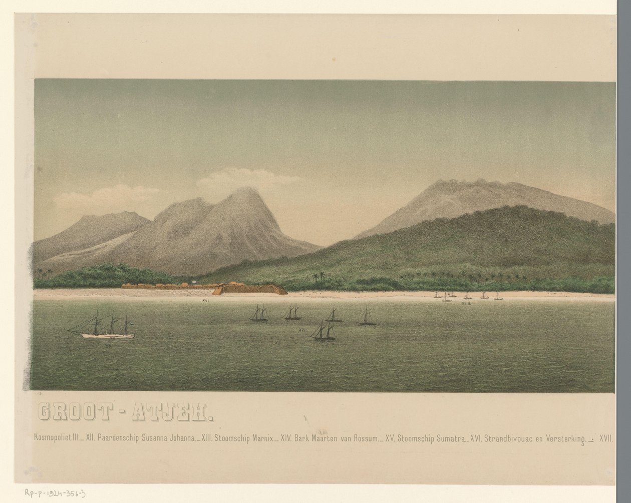 Utsikt over kysten av Greater Aceh, med flåten til den første Aceh-ekspedisjonen utenfor kysten, tredje del De roadstead of Greater Aceh (tittel på objekt) av C.A. Whitten