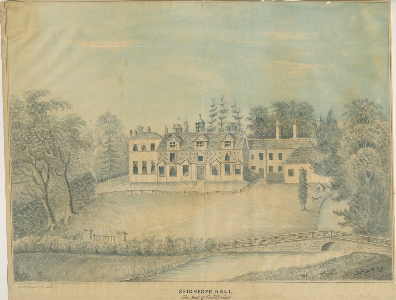 Seighford Hall: farget vasketegning, og [midten av 1800-tallet] av C.B Ash