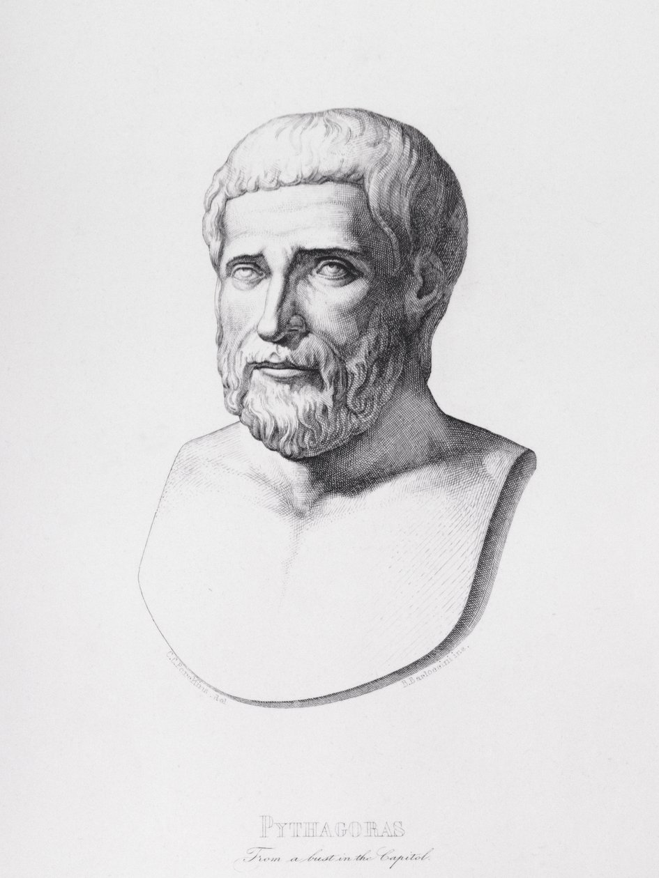 Portrett av Pythagoras (ca. 580-500 f.Kr.) gravert av B.Barloccini, 1849 av C.C Perkins