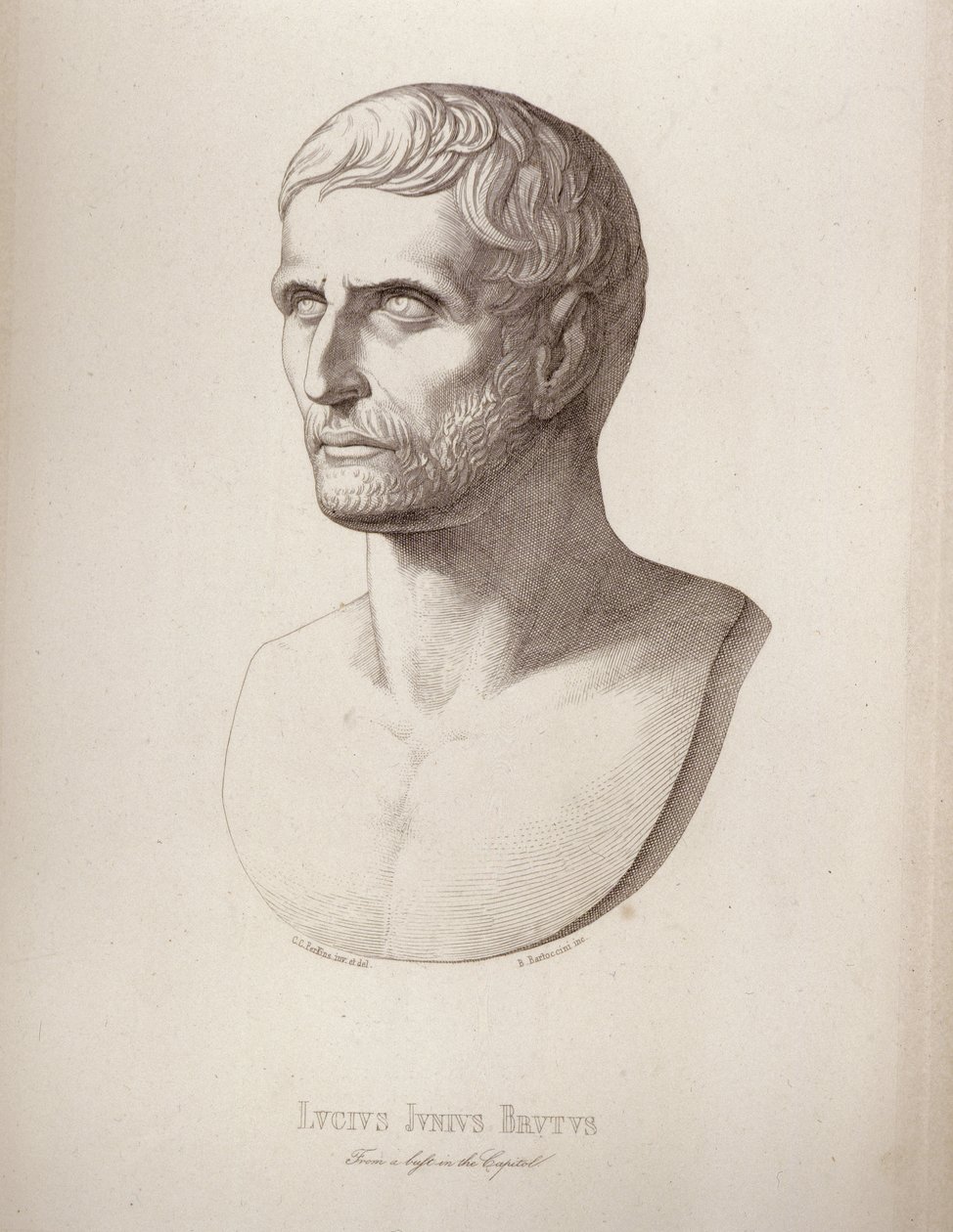 Portrett av Lucius Junius Brutus, gravert av B.Barloccini, 1849 av C.C Perkins